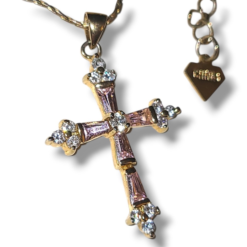 Vintage Cookie Lee Pink Crystal Cross Pendant Necklace Gold Tone Signed Y2K